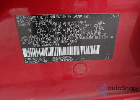 2011 Toyota Rav4 из США, поврежденный, VIN 2T3BF4DV8BW112581